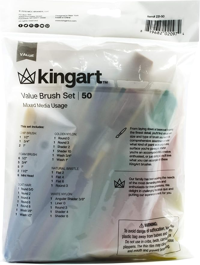 KINGART 50-Piece Paint Brush Set, Acrylic, Oil, Watercolor Gouache Paints, Face & Nail, Miniature Detailing & Rock Painting for Adults & Kids