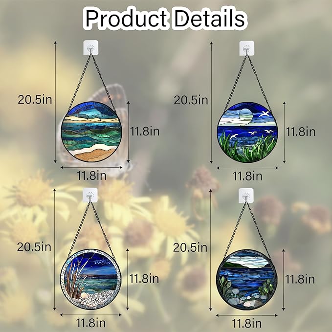 Stained Glass Window Hanging 4 Pcs Set Navy Blue Ocean Landscape Large 11.8" - Suncatcher Door Garden Sun Catcher Decor Birthday Mother's Day for Mom Woman Nana Girl Boy Friend