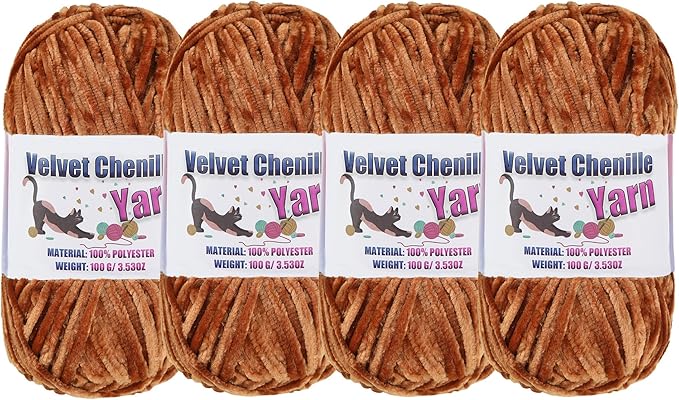 4 * 100g Fluffy Velvet Chenille Yarn for Crocheting and Knitting, Handcrafts Weaving Soft Chenille Yarn for Crocheting Clearance, Used for Making Baby Yarn Blanket, Clothes, DIY Craft (Coffee)