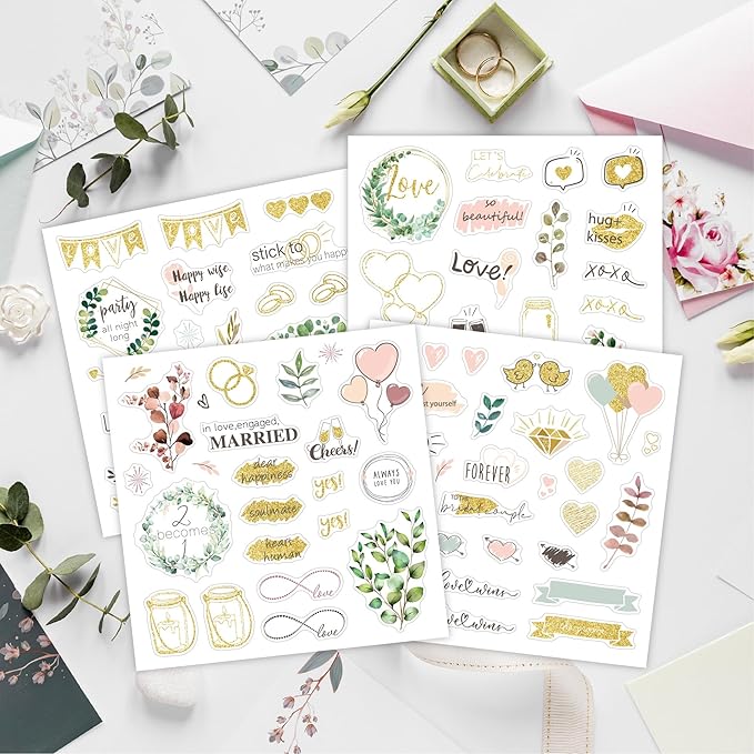 4 Sheets Wedding Celebration Stickers for Bridal Scrapbooking, Pastel Pink Self-Adhesive Waterproof Wedding Stickers for Letters,Bridal Shower,Invitations,Guestbook,Calendar