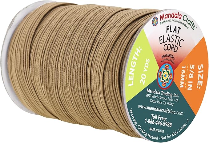 Mandala Crafts 16mm 20 Yds Roll of Dark Khaki Elastic Bands for Sewing - 5/8 Flat Elastics Cord - 5 8 Inch Braided Stretch Straps for Crafting