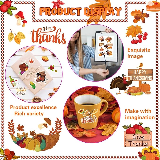 32 Sheets Thanksgiving Stickers, Fall Autumn Sticker Turkey Fall Harvest Food Pumpkin Maple Leaves Stickers, Thanksgiving Party Favors Supplies