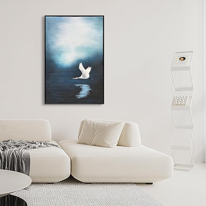 NANKAI Art Hand-Painted Lake Swan Oil Painting in Modern Abstract Style Suitable for Decorative Art for Home Office corridors and Walls. 36x24 inches(with Solid Wood Exterior Frame)