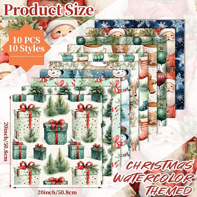 Hahafelt 10 Pcs Watercolor Christmas Quilting Fabric Bundles 20 x 20 Inch Xmas Santa Claus Gingerbread Man Snowflake Fat Squares Quarters Fabric by The Yard Patchwork for Craft Sewing DIY Decor