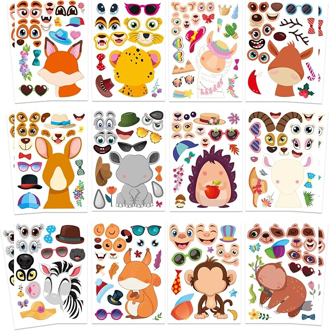 48 PCS Make a Face Stickers Sheets for Kids, Make Your Own Animal Mix and Match Stickers Sheets, Cute Animal Sticker for Birthday Party Favors Supplies Teacher Reward