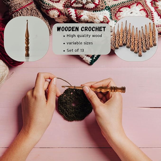 DnU Avenue Sheesham Wood Set of 13 Ergonomic Crochet Hooks 3.5 MM to 12 MM, Wooden Yarn Crochet Hooks for Arthritic Hands, Knitting & Crochet Storage, Soft Grip, Wood Finish, Brown (Only Hooks)