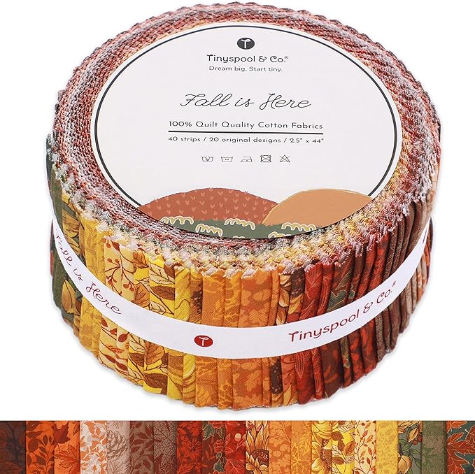 Tinyspool & Co. Quilting Bundle – Fall is Here Jelly Roll + 3-Yard Fabric for Each Print: No.14 – Sunflower Yellow, No.9 – Oriental Red, No.20 – Rustic Green