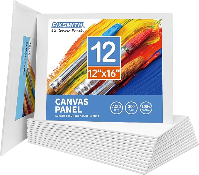 FIXSMITH Canvas Boards for Painting 12x16 Inch, Super Value 12 Pack White Blank Canvas Panels, 100% Cotton Primed, Painting Art Supplies for Professionals, Hobby Painters, Students & Kids