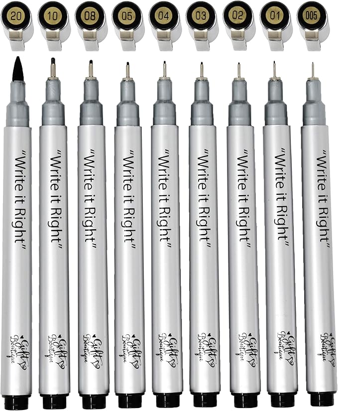 Gift Boutique Black Micro-Pen Fineliner Pigment Pens, Set of 9 Archival Ink Waterproof Brush & Calligraphy Tip Nibs For Art Technical Drawing Sketching Calligraphy Illustration Journaling Scrapbooking