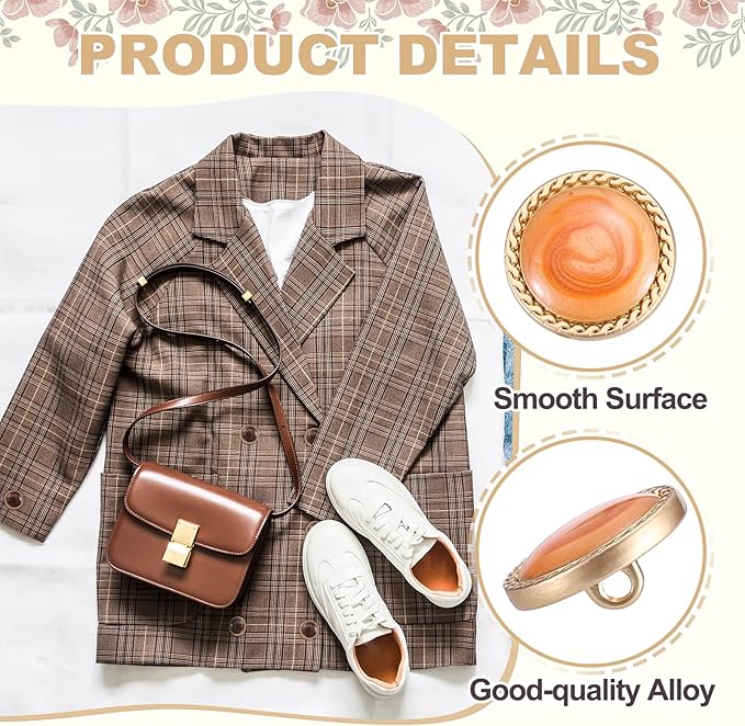 MECCANIXITY Metal Vintage Gold Button 15mm Round Metal Sewing Button Alloy Shank Replacement for Women's Suit Woolen Coat Shirt Dress Sewing Orange Pack of 10