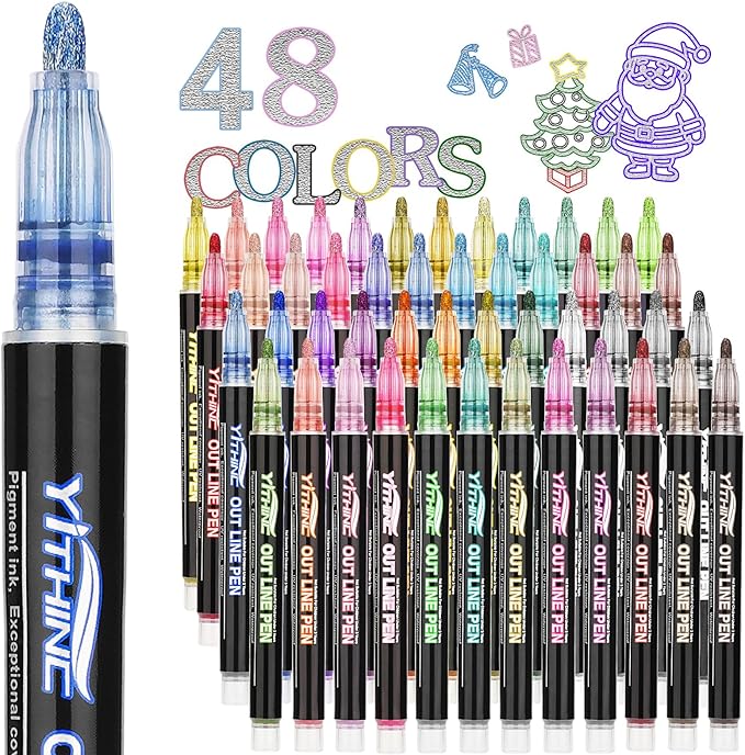 Outline Shimmer Markers, Christmas Stocking Stuffers for Tween Teen Girls Gifts Trendy Stuff, 48 Glitter Metallic Gel Pens Coloring, Arts Crafts Supplies Kits for Kids Boys Ages 4, 6, 8, 10, 12