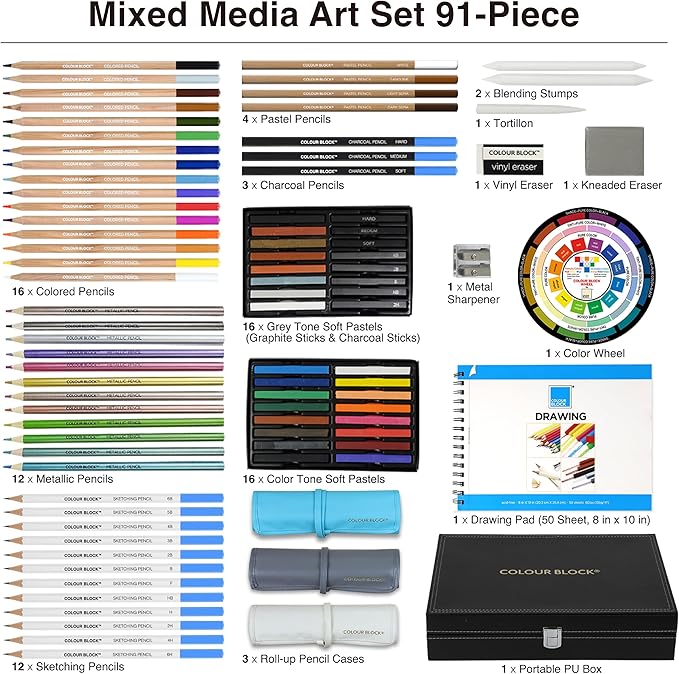 COLOUR BLOCK 91-Piece Sketching & Drawing Art Set with Colored, Metallic, Charcoal, Pastel Pencils, Soft Pastels, Charcoal & Graphite Sticks, Sketchbook, Tools — Travel-Friendly Case for Teens, Adults