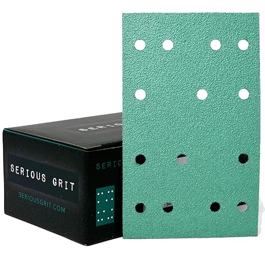 Serious Grit - 3" x 5" (80mm x 133mm) 14-Hole 80 Grit Sanding Sheets - Fits Festool RTS 400 & Mirka Deos 353 - Heavy-Duty Hook & Loop Film Abrasives - Sandpaper for Sheet Sanders - 50 Pack Box