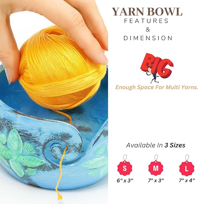Nagina International Exquisite Premium Yarn Ball Storage Bowls | Hand Painted Lovely Decor Yet Functional Yarn Dispenser (Large (7 x 4 x 7 Inches), Lemon Blue)