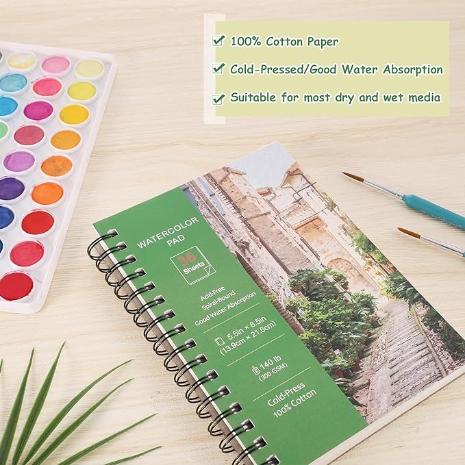 Prudiut 36 Sheets Watercolor Paper Pads 5.5x8.5”, 140 lb/300 GSM Cold Press Water Color Paper, Spiral Bound Watercolor Sketchbook for Watercolors, Art Painting, Journal