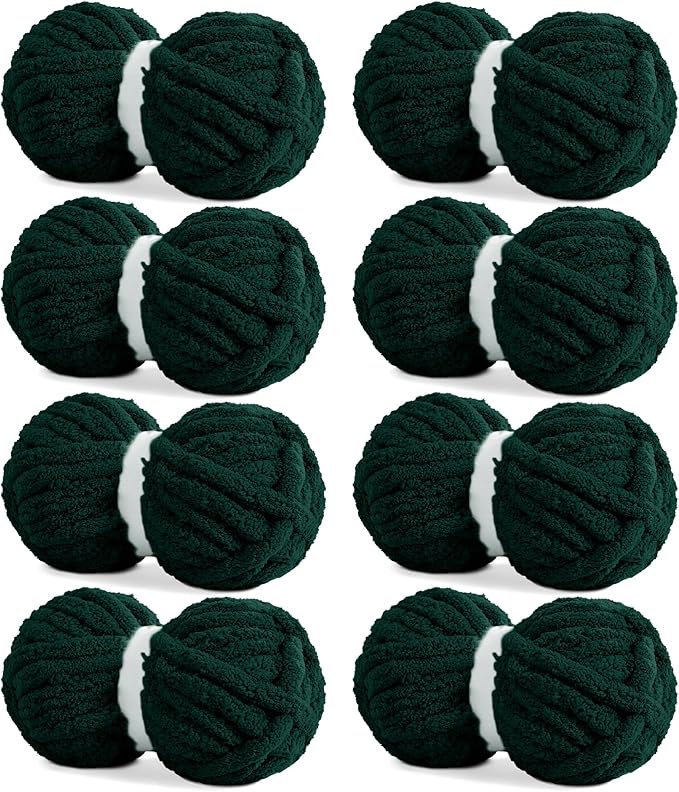 HOMBYS Dark Green Chunky Chenille Yarn for Hand Knitting,Fluffy Soft Jumbo Yarn Crocheting,Super Bulky Big Yarn for Chunky Blanket,Large Thick Arm Knitting Yarn,8 Pack Plush Yarn