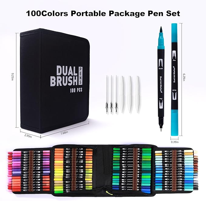 Dual Markers Brush Pens, 100 Coloring Pens and Fine Tips – Premium Art Supplies for Adults, Perfect for Coloring Books, Hand Lettering, Calligraphy, and Drawing
