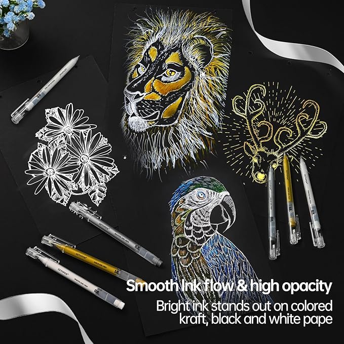 0.6mm Fine Point White Gel Pens, 3-Pack for Artists Drawing, Sketching, Illustration, and Adult Coloring Books, Opaque White Ink for Black Paper, Bullet Journaling, and Card Making