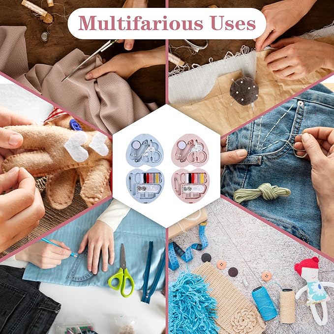Grevosea 2 Pack Mini Travel Sewing Kit, Heart Shaped Portable Travel Sewing Repair Mini Box Beginner Emergency Repair Kit with Threads Scissors DIY Hand Sewings Needles Blue Pink