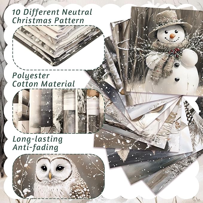 Hahafelt 10 Pcs Winter Quilting Fabrics Bundles 20 x 20 Inch Snowflake Snowman Neutral Square Fat Quarters Vintage Fabric by The Yard Precut Sewing Patchwork for Winter Holiday DIY Craft Decor