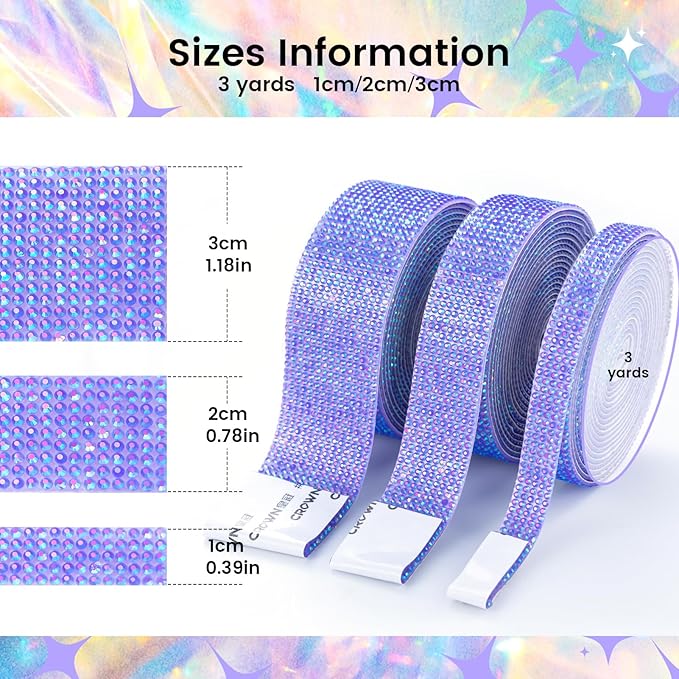 Novani Self Adhesive Rhinestone Ribbon, 0.78 Inch Wide 3 Yards 1 Roll, Deep Purple AB Crystal Diamond Bling Strips for DIY Crafts, Glitter Resin Rhinestones Tape for Crafting, Car Decoration