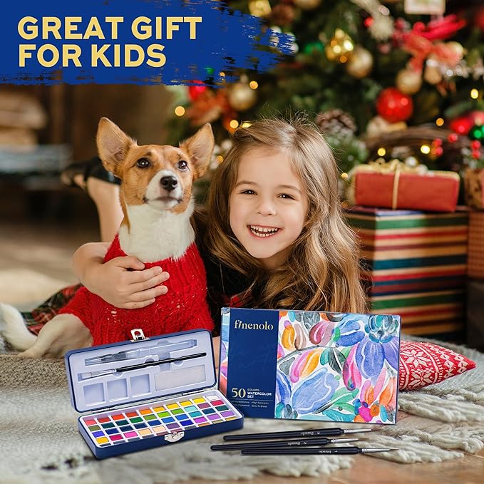 50 Colors Watercolor Paint Set with 8 Brushes (Water Brush + Detail Brushes), 3 Mixing Palettes & Complete Accessories, Perfect for Beginners,Great for Outdoor Sketching, Painting Creation, Holiday Gifts