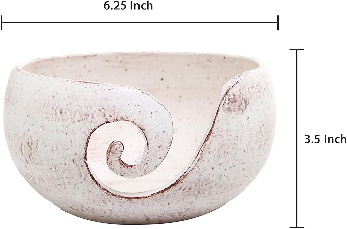 MyGift Cream Ceramic Tangle-Free Yarn Ball Bowl, Rustic Handcrafted Knitting Crochet Bowl with Cut Out Swirl