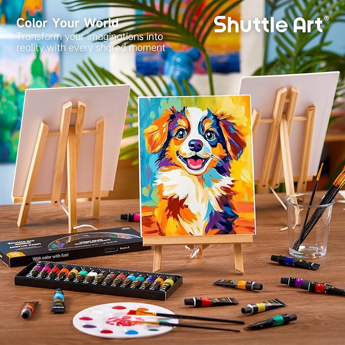 Shuttle Art 69 Pack Acrylic Paint Set, Painting Set with 2 Pack of 15 Colors Acrylic Paint, 3 Sets of Wooden Easels, Canvas, Brushes & Palettes, Art Painting Supplies for Kids Adults Beginner