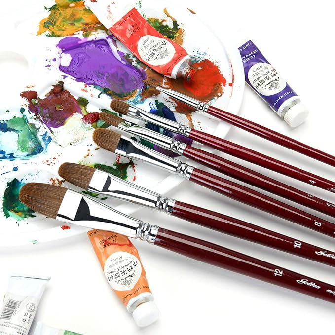 Golden Maple Filbert Paint Brushes Set, 6PC Red Sable Oval Paint Brushes Long Handle Artist Brush for Watercolor, Acrylic, Tempera and Gouache Painting