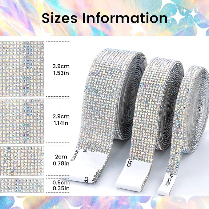 Novani Self Adhesive Rhinestone Ribbon, 1.53 Inch Wide 3 Yards 1 Roll, AB Crystal Diamond Bling Strips for DIY Crafts, Home Decor, Clothing,Shoes, Car Decoration（AB）