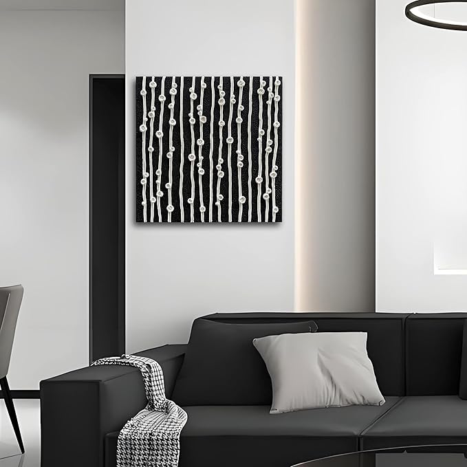 NANKAI Art Hand-Painted Black and White Thick-Textured Abstract Painting Contemporary Minimalist Canvas Oil Painting, Home Office Wall Decoration Art, 24x24 inches