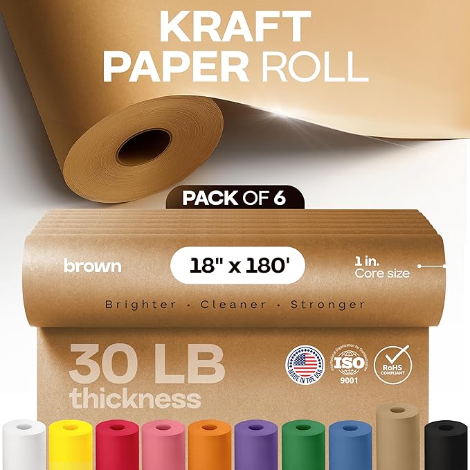Brown Kraft Paper Roll 18" x 2160" (180 feet), Pack of 6 - USA-Made Brown Paper 30lb Thickness for Packing, Moving, Shipping, Crafts/Arts - 100% Recycled Natural Wrapping Material by IDL Packaging