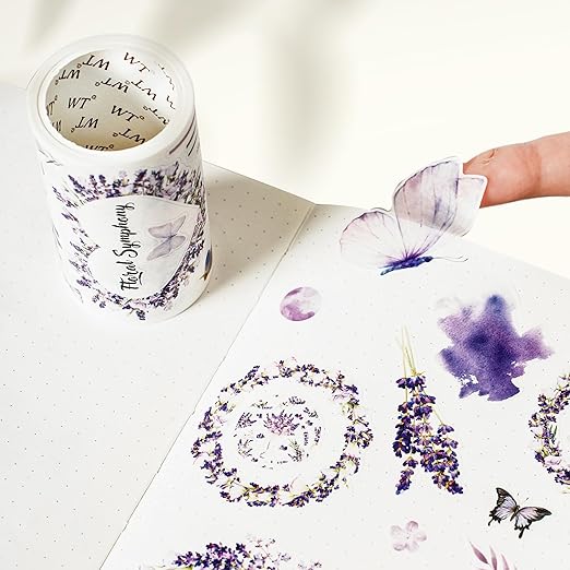WT Pre-Cut Purple Muse Wide Washi Tape, Single Roll, Soft Purple Florals & Handwritten Script, Decorative Washi Tape for Journaling, Scrapbooking, Bujo, Planner, DIY Crafts, 70mm×5m