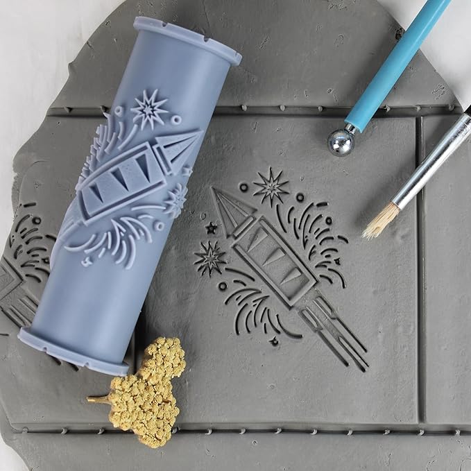 Firework Clay Texture Roller (4") - America Set #01 - Embossing Pattern Roller for Polymer & Ceramic Clay, Pottery & Crafts