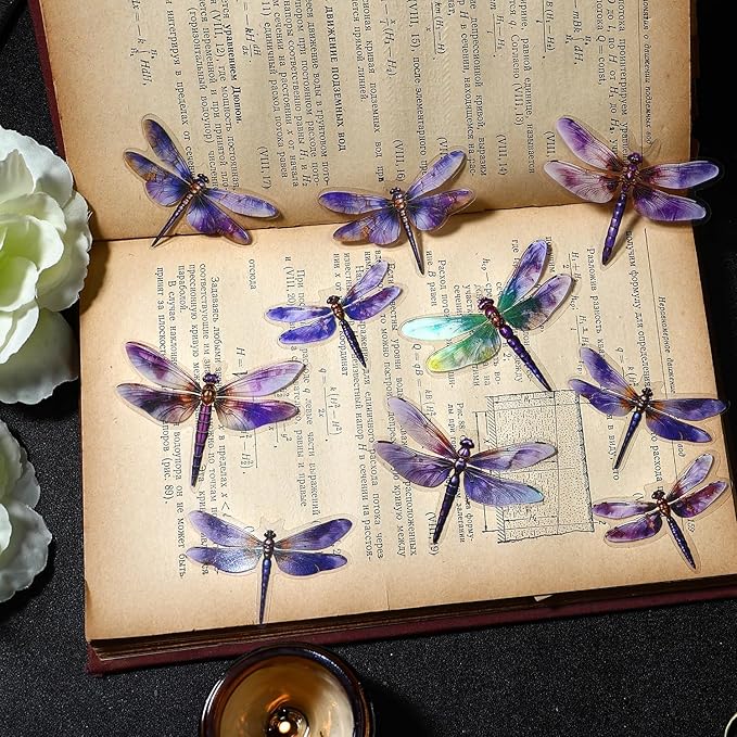 Yoksas 80Pcs Holographic Vintage Dragonfly Stickers - Waterproof Transparent Insect Scrapbook Craft Decorative Stickers for Junk Bullet Journals,Planners,Album