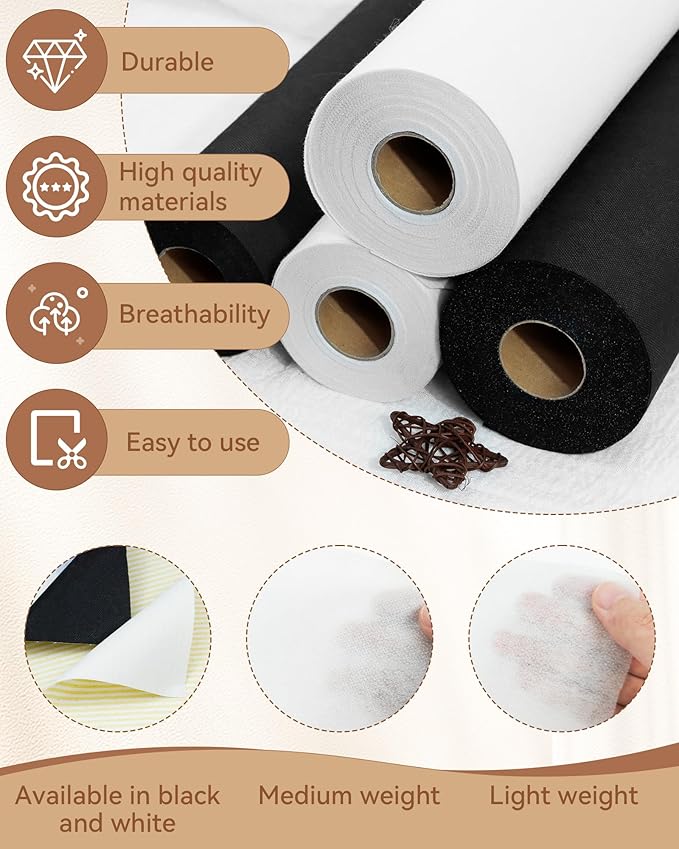 FIVEIZERO Lightweight White Iron-On Non-Woven Fusible Interfacing: 12in x 30yd Lightweight Non-Woven Interfacing Iron On Polyester Single-Sided Interfacing for DIY Crafts Supplies