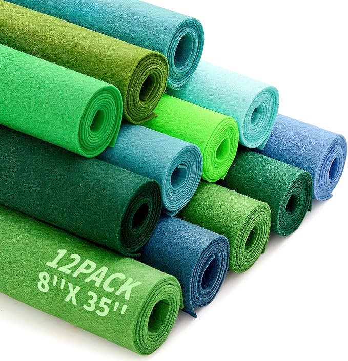Large Stiff Felt Sheets Bundle Felt Fabric Sheets for Crafts 12 Rolls 8"x35" Soft Summer Color 12 Assorted Colors Felt Pack for DIY Craft Sewing Squares Nonwoven Patchwork (Green)