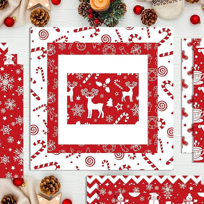24 Sheets Christmas Scrapbook Paper 12'' × 12'' Double-Sided Xmas Red Pattern Paper Decorative Art Cardstock for Holiday DIY Crafts Card Making Scrapbook Supplies