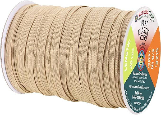 Mandala Crafts 16mm 20 Yds Roll of Tan Elastic Bands for Sewing - 5/8 Flat Elastics Cord - 5 8 Inch Braided Stretch Straps for Crafting