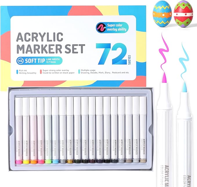 72 Colors Acrylic Paint Markers, Water Based Acrylic Paint Pens Set with Brush Tip for Wood, Glass, Paper, Stone, Egg, Rock Painting and DIY Crafts
