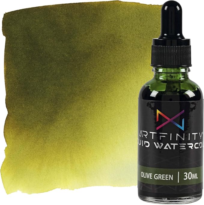 Liquid Watercolor Paint 30 ml Bottle, Olive Green - Vibrant Dye-Based Liquid Watercolor w/Glass Pipette, Fast-Drying, Fine Art Paint for Calligraphy, Airbrushing & Traditional Art