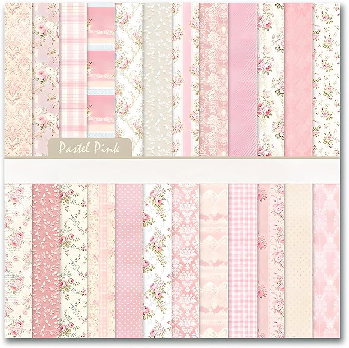 VIVIQUEN 24 Pack Pink Floral Double-Sided Paper, 12-inches Vintage Flowers Scrapbook Specialty Craft Paper Folded Flat for DIY Background Card Art Craft Making Scrapbook Photo Album Decor