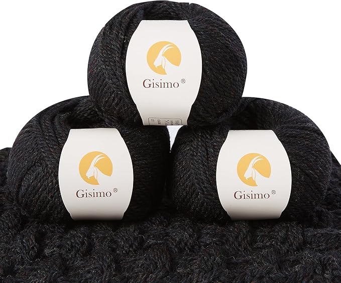 100% Merino Wool Yarn, 3-Ply Luxurious and Soft Yarn for Hand Knitting & Crocheting (Black, 3Balls)