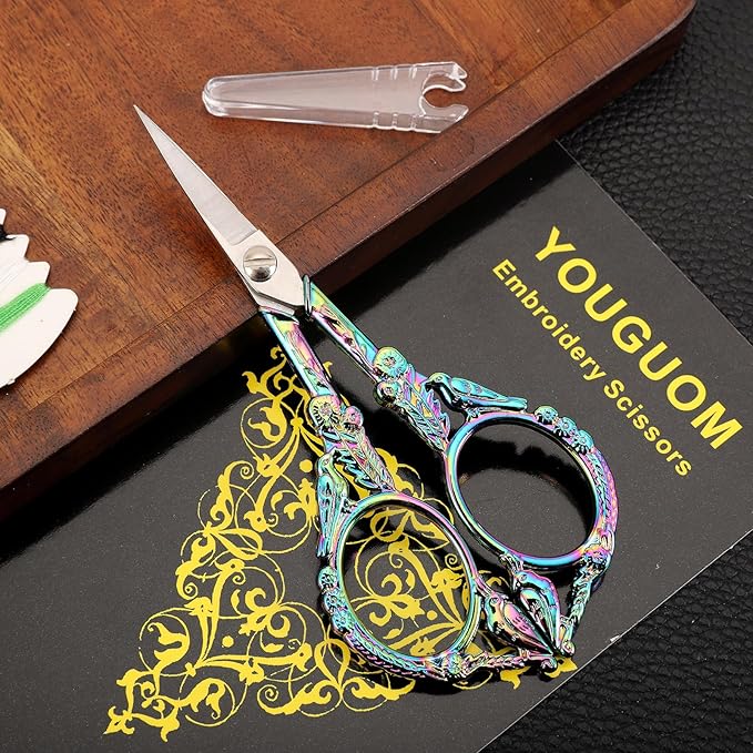 Sewing Embroidery Scissors – Small Vintage Sharp Detail Shears for Craft, Artwork, Needlework Yarn, Handicraft DIY Tool, Thread Snips, 4.6in Rainbow Bird Style