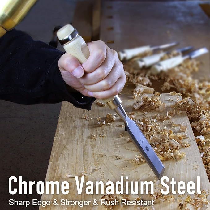 Woodworking 4 PC Wood Chisel Set Chrome-Vanadium Steel with Hornbeam Handles for Carpentry, Woodworking, Carving, Craftsman, 1/4 inch,1/2 inch,3/4 inch, 1 inch