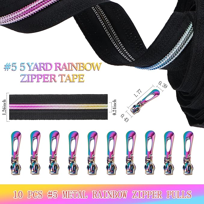 #5 Rainbow Zipper Tape by The Yard 5 Yards Colorful Teeth Nylon Zippers with 10 Pcs Metal Rainbow Zipper Pullsfor DIY Sewing Tailor Crafts (Black，Rainbow)