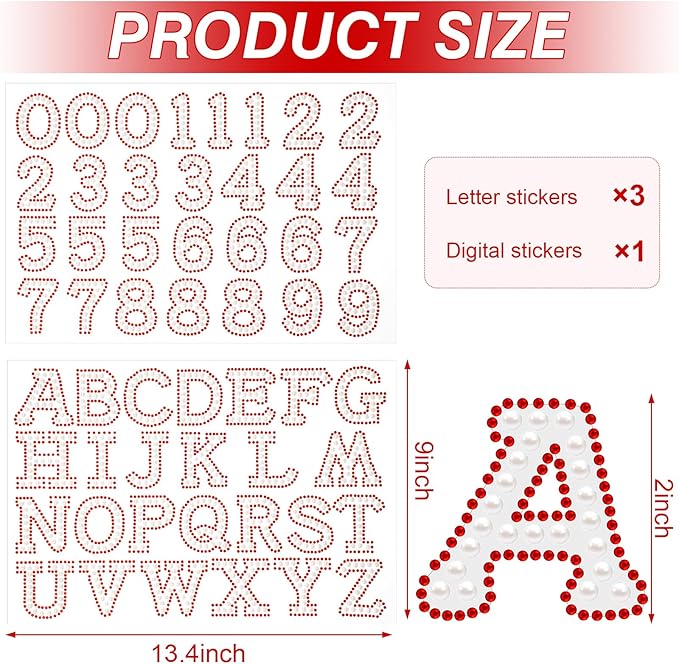 107 Pcs Pearl Rhinestone Self Adhesive Stickers 3 Sheets A-Z Glitter Letter Stickers and 1 Sheet 0-9 Number Sticker Bling Crystal Alphabet Sticker for DIY Crafts (White+red)