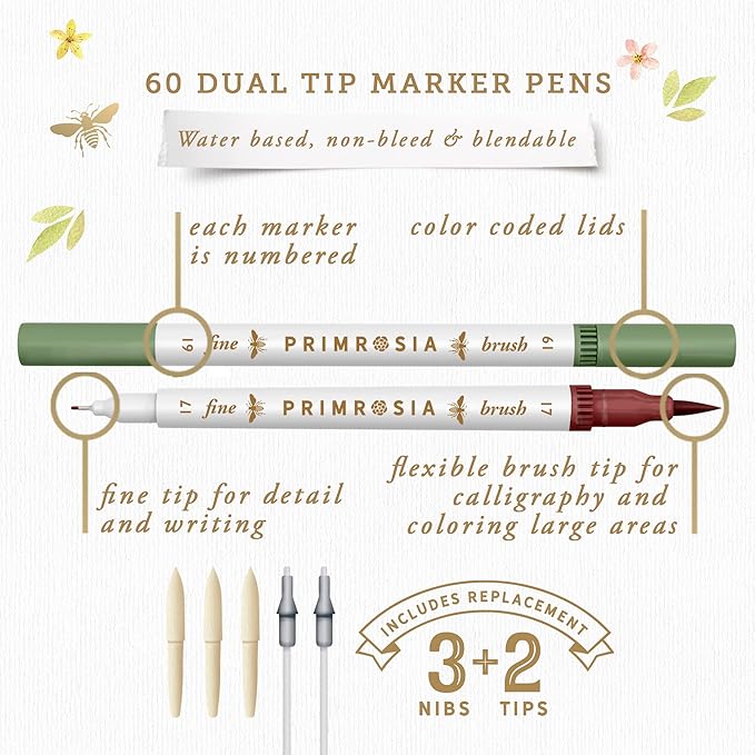 Primrosia Dual Tip Marker Pens and Skin Tones sets, Fineliner and Watercolor Brush Pens for Art Sketching Illustration Calligraphy Permanent Highlighter Bullet Journal Drawing Coloring