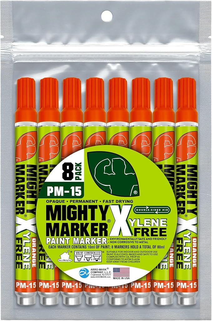 PM-15, Eco-Friendly Paint Marker, Alcohol-Based & Xylene-Free, Waterproof & Permanent, 10ml, 2.3mm Tip, 8 Bonus Tips, Made in USA, Orange 8 Pack