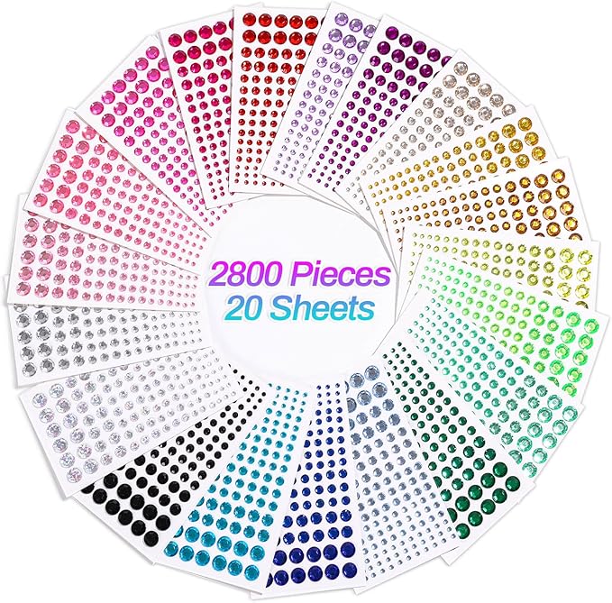2800 Pcs Self Adhesive face Rhinestones gems Stickers in 20 Colors, 6 Sizes Stick on Jewels for Body, Face, Hair and Craft DIY Decorations(3/4/5/6/8/10mm)